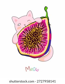 Gatos lindos con frutas de un conjunto de personajes de dibujos animados de Vector en diferentes poses. Postal, logotipo y decoración para impresión y diseño.