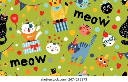 Lindos gatos. Animales divertidos. Patrón sin fisuras de Vector. Se puede utilizar en la industria textil, papel, fondo, scrapbooking.Vector.