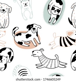 Cute cats and funny dogs Scandinavian seamless pattern. Childish background with pets. Can be used for wallpaper, packaging, textiles.