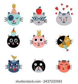Cute cats. Funny doodle animals. Kittens in cartoon style. Vector illustration.