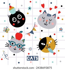 Cute cats. Funny doodle animals. Vector illustration. Greeting card.