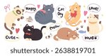Cute cats and funny kitten doodle vector set. Happy international cat day characters design collection with flat color in different poses. Set of adorable pet animals isolated on white background.