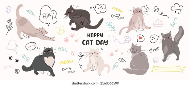 Cute cats and funny kitten doodle vector set. Happy international cat day characters design collection with flat color in different poses. Set of adorable pet animals isolated on white background.