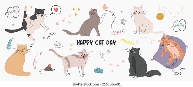 Cute cats and funny kitten doodle vector set. Happy international cat day characters design collection with flat color in different poses. Set of adorable pet animals isolated on white background.