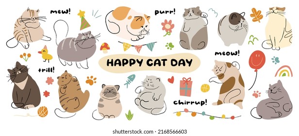 Cute cats and funny kitten doodle vector set. Happy international cat day characters design collection with flat color in different poses. Set of adorable pet animals isolated on white background.