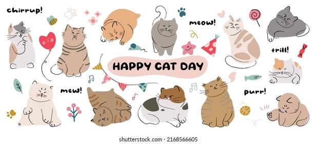 Cute cats and funny kitten doodle vector set. Happy international cat day characters design collection with flat color in different poses. Set of adorable pet animals isolated on white background.