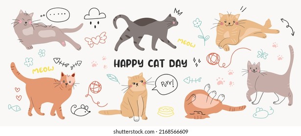 Gatos bonitos y divertidos conjuntos vectores de doodle gatito. Felices colecciones de diseño de personajes internacionales del día del gato con color plano en diferentes poses. Conjunto de adorables animales de compañía aislados en un fondo blanco.