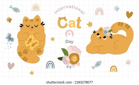 Cute cats and funny kitten doodle vector set. Happy international cat day collection design with flat color in different poses. A set of adorable pets, on a trendy background.