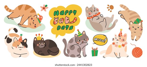 Lindos gatos y divertido gatito doodle elemento vector. Feliz día internacional del gato de la colección de diseño de personajes con color plano en diferentes poses. Conjunto de animales de compañía adorables aislados sobre fondo blanco.