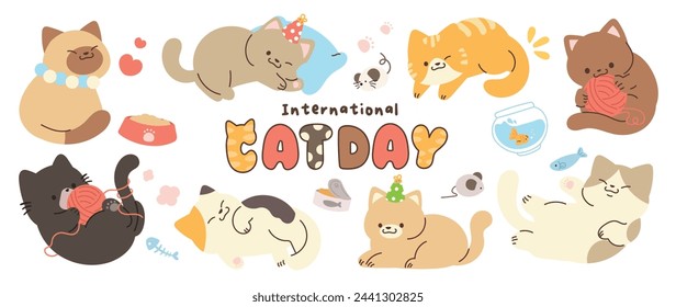 Cute cats and funny kitten doodle element vector. Happy international cat day characters design collection with flat color in different poses. Set of adorable pet animals isolated on white background.