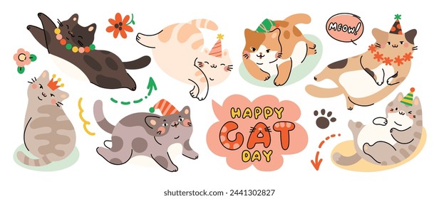 Lindos gatos y divertido gatito doodle elemento vector. Feliz día internacional del gato de la colección de diseño de personajes con color plano en diferentes poses. Conjunto de animales de compañía adorables aislados sobre fondo blanco.