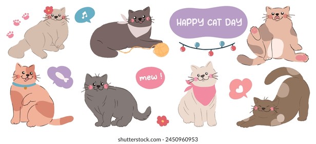 Lindos gatos y divertido gatito doodle elemento Vector. Felices personajes del día internacional del gato diseñan la colección con el color plano en diversas poses. Conjunto de animales de compañía adorables aislados sobre fondo blanco.