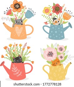 Cute cats in garden watering cans with flowers.