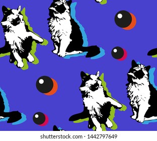 Cute cats and geometric elements seamless pattern. Pet vector illustration. Cartoon cat images. Cute design for kids. Сhildren's pattern