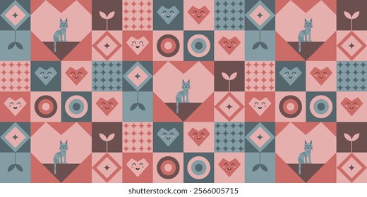 Cute cats geometric Pattern design with heart smiley's and more. Vector illustration.