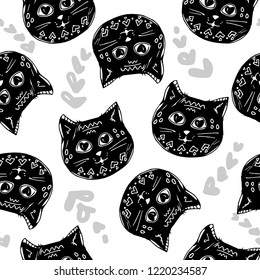 Cute cats with geometric patterns. seamless pattern background, black white. kids style. Hand drawing. background for greeting cards, wallpaper, print on fabric