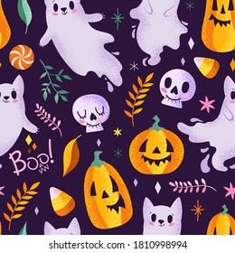 Cute cats ghosts, skulls and pumpkins on a dark background. Children's halloween illustration, seamless pattern.