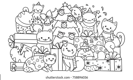 Cute cats with gift boxes and Christmas tree for design element and coloring book page for kids. Vector illustration