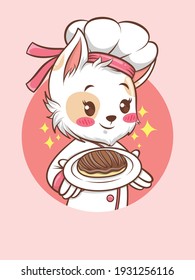 cute cats girl chef holding a cake. bakery chef concept. cartoon character and mascot