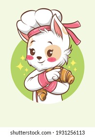 cute cats girl chef hugging a bread. bakery chef concept. cartoon character and mascot
