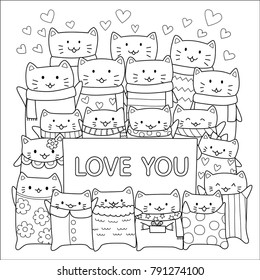 Cute cats give loves doodle for design element, happy Valentines day,cards and coloring book page for kids.Vector illustration