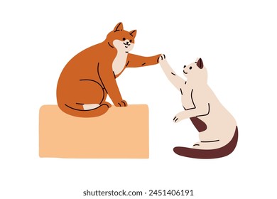 Cute cats giving high five. Friendly feline animals greeting with paw gesture. Trained smart kitty pets, friendship and communication concept. Flat vector illustration isolated on white background