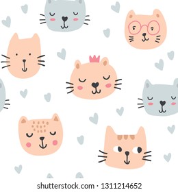 Cute cats in glasses, crowns, hearts seamless pattern. Pet vector illustration. Cartoon cat images. Cute design for girls, kids. Hand drawn children's pattern fashion clothes, shirt, fabric - Vector