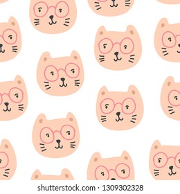 Cute cats in glasses seamless pattern. Pet vector illustration. Cartoon cat images. Cute design for girls, kids. Hand drawn children's pattern for fashion clothes, shirt, fabric - Vector