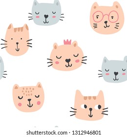 Cute cats in glasses seamless pattern. Pet vector illustration. Cartoon cat images. Cute design for girls, kids. Hand drawn children's pattern for fashion clothes, shirt, fabric - Vector