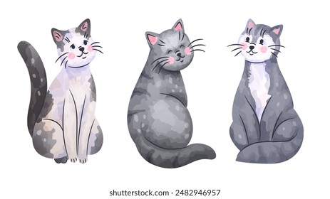 Cute cats. Gray fluffy pets. Watercolor drawing graphic. Domestic animals. Feline mammals breed. Color sketch print. Adorable happy kittens. Cartoon pussycats smiles. Kitty sitting poses vector set