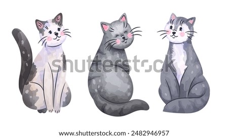 Cute cats. Gray fluffy pets. Watercolor drawing graphic. Domestic animals. Feline mammals breed. Color sketch print. Adorable happy kittens. Cartoon pussycats smiles. Kitty sitting poses vector set