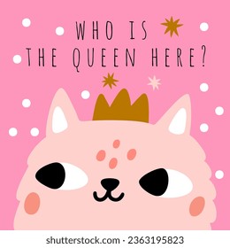 Tarjeta de saludo para gatos. Caricatura de gatito. Los animales domésticos se dirigen con corona. Reina de Kitty. Divertido mamífero felino. Un pussycat adorable. Retrato de mascotas rosadas. Chicas vectoras