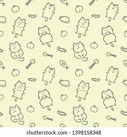 Cute cats hand drawn cartoon style seamless pattern. Vector illustration wallpaper and background. Kawaii cartoon design.