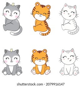 Gatos guapos. Caracteres dibujados a mano. Dulces gatitos graciosos. Ilustración vectorial.