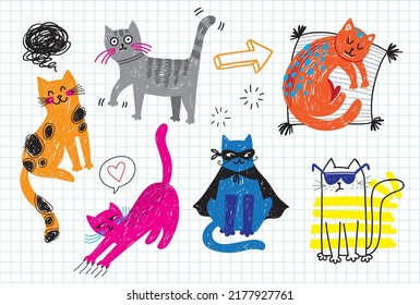 cute cats hand drawn doodle set