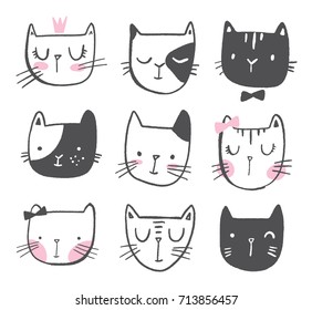 Cute Cats in hand drawn style. Girl children vector doodle illustration.