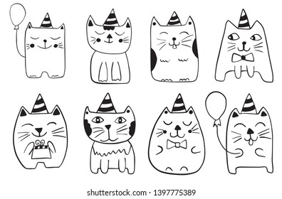 Cute cats. Hand drawn stylized characters. Outline doodle animals. Black and white vector illustration.