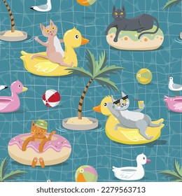 Cute cats having fun in the swimming pool. Summer fun seamless pattern. Animals on vacations