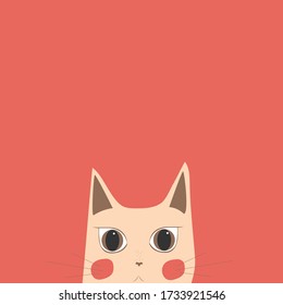 Cute cat's head. Cat's face that spy on you. Vector illustration. Flat cat on pink