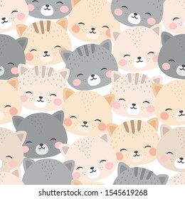 Patrón sin fisuras de cabeza de gato lindo, fondo de animales de gato doodle, Ilustración vectorial de gatito