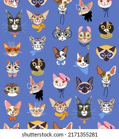 Cute cats head vector seamless pattern. Cute cat pet characters with glasses, hat and bow. Isolated on blue background
