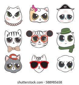Cute cats heads doodle and kitten cartoon fashion character design. hand drawing vector illustration for kids