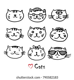 Cute cats heads emoticons vector. Doodle style characters.