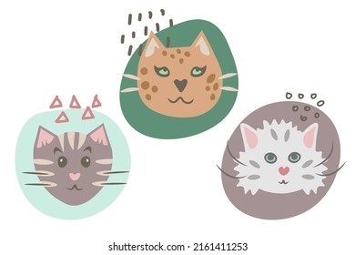 Cute cats heads illustrations set. Kitten faces with hand drawn doodles, animal collection for kids