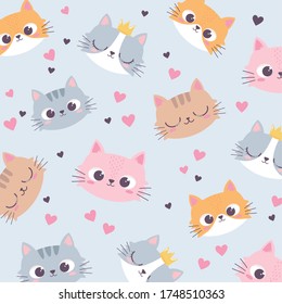 cute cats heads love heart cartoon animal funny character background vector illustration