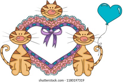 Cute cats with heart embroidered on tape lace