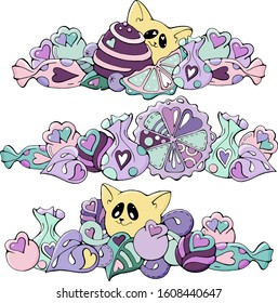 Cute Cats with Hearts, Chocolate and fruits, sweet moments funny vector doodle stock illustration set, isolated colorful prints for menu, book, t-shirt, fabric, greeting /invitation card or stickers