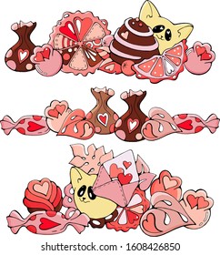 Cute cats with hearts and chocolates, sweet lovely vector doodle stock illustration set, isolated color print for menu, greeting / invitation card, book, t-shirt, fabric, stickers, web design or apps