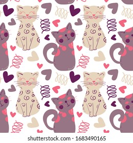 Cute cats and hearts with doodle elements, seamless vector pattern 