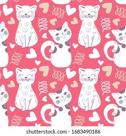 Cute cats and hearts with doodle elements, seamless vector pattern 